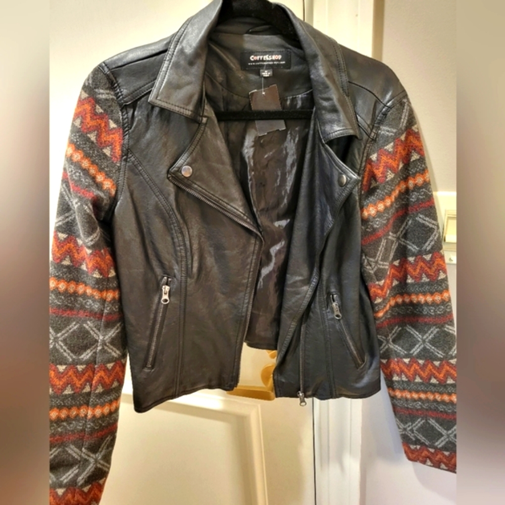 CoffeeShop Black and Orange Leather Jacket with Patterned Sleeves